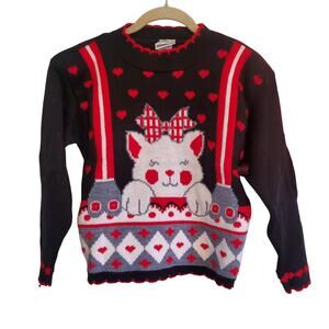 Vintage Fairy Kei Kawaii Kitty Kitten Cat Red Black White Sweater Kids Childrens